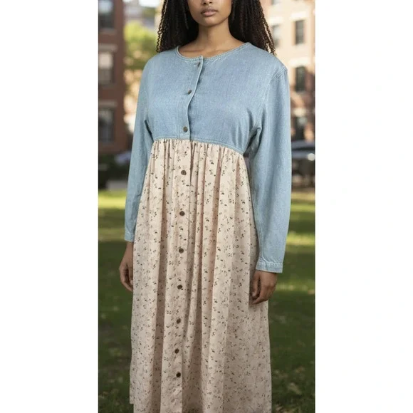 Vtg 90s Express Prairie Dress Denim Bodice Floral Maxi Cottagecore Coquette M - Picture 3 of 15